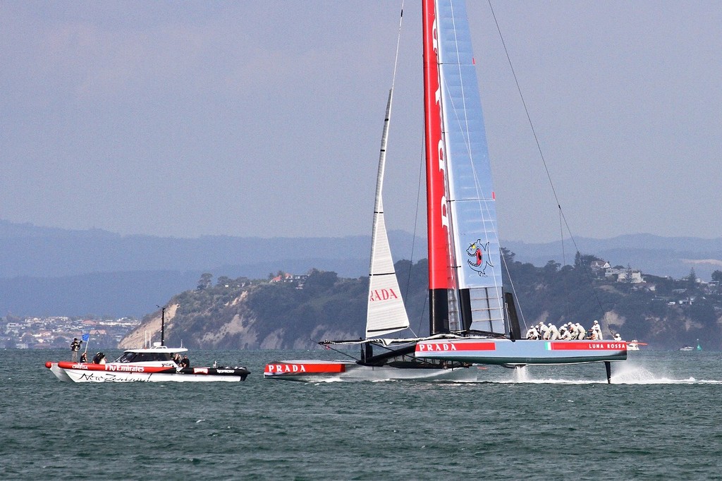 Luna Rossa heads for the prestart- AC72 Race Practice - Takapuna March 8, 2013 © Richard Gladwell www.photosport.co.nz